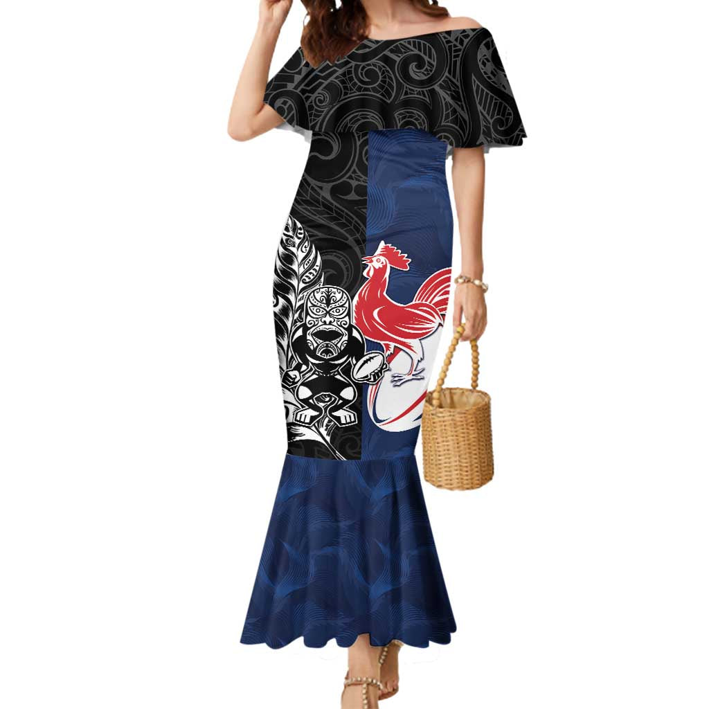 France And New Zealand Rugby Custom Mermaid Dress Les Bleus Rooster With Maori Tiki - Aussie Hoodie