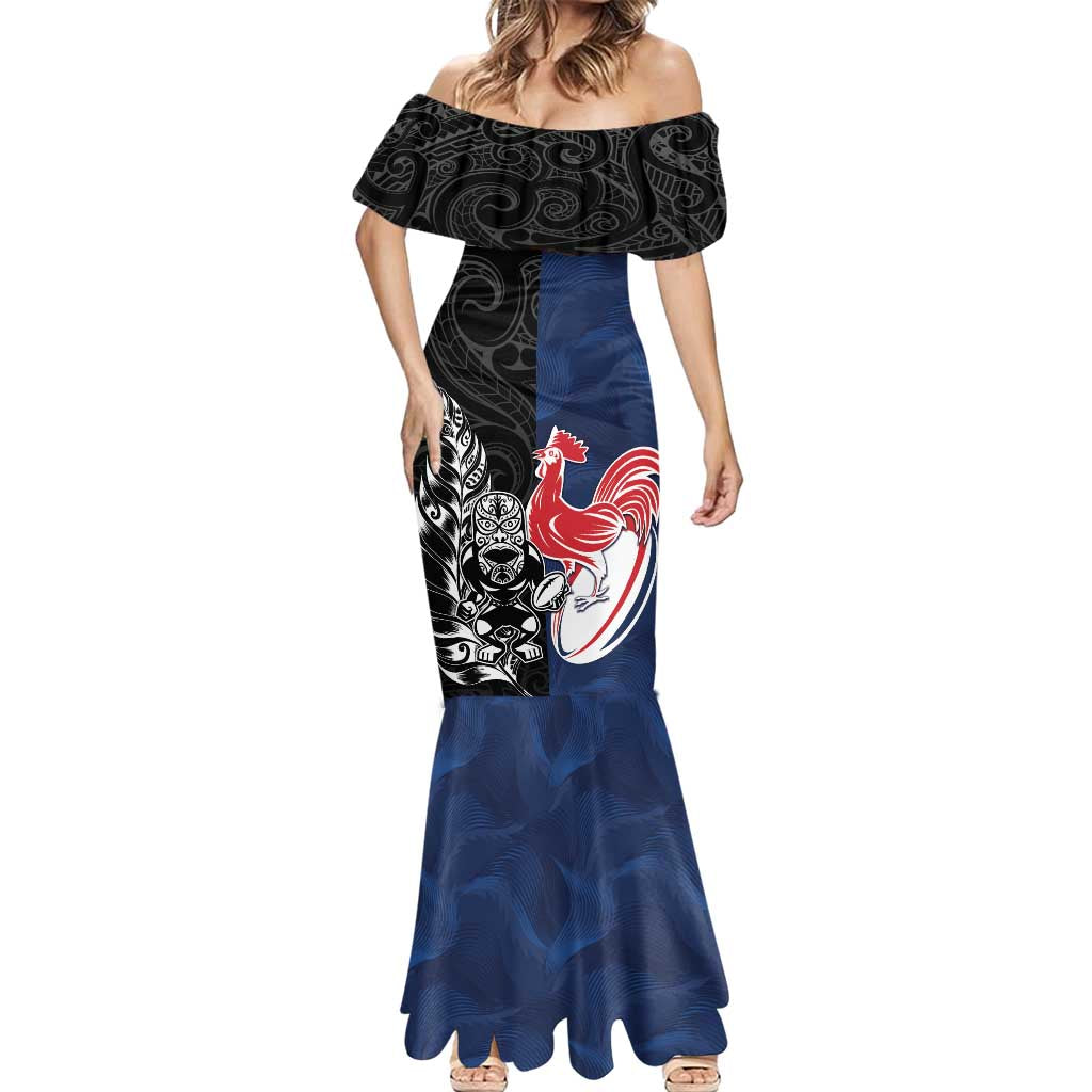 France And New Zealand Rugby Custom Mermaid Dress Les Bleus Rooster With Maori Tiki - Aussie Hoodie