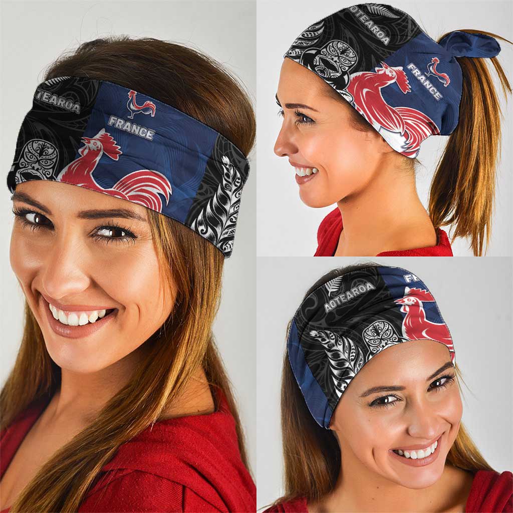 France And New Zealand Rugby Neck Gaiter Les Bleus Rooster With Maori Tiki - Aussie Hoodie