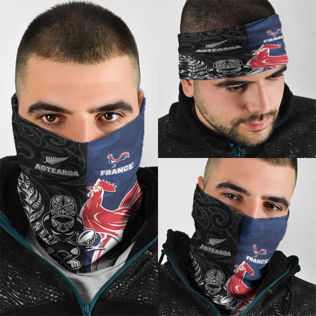 France And New Zealand Rugby Neck Gaiter Les Bleus Rooster With Maori Tiki - Aussie Hoodie