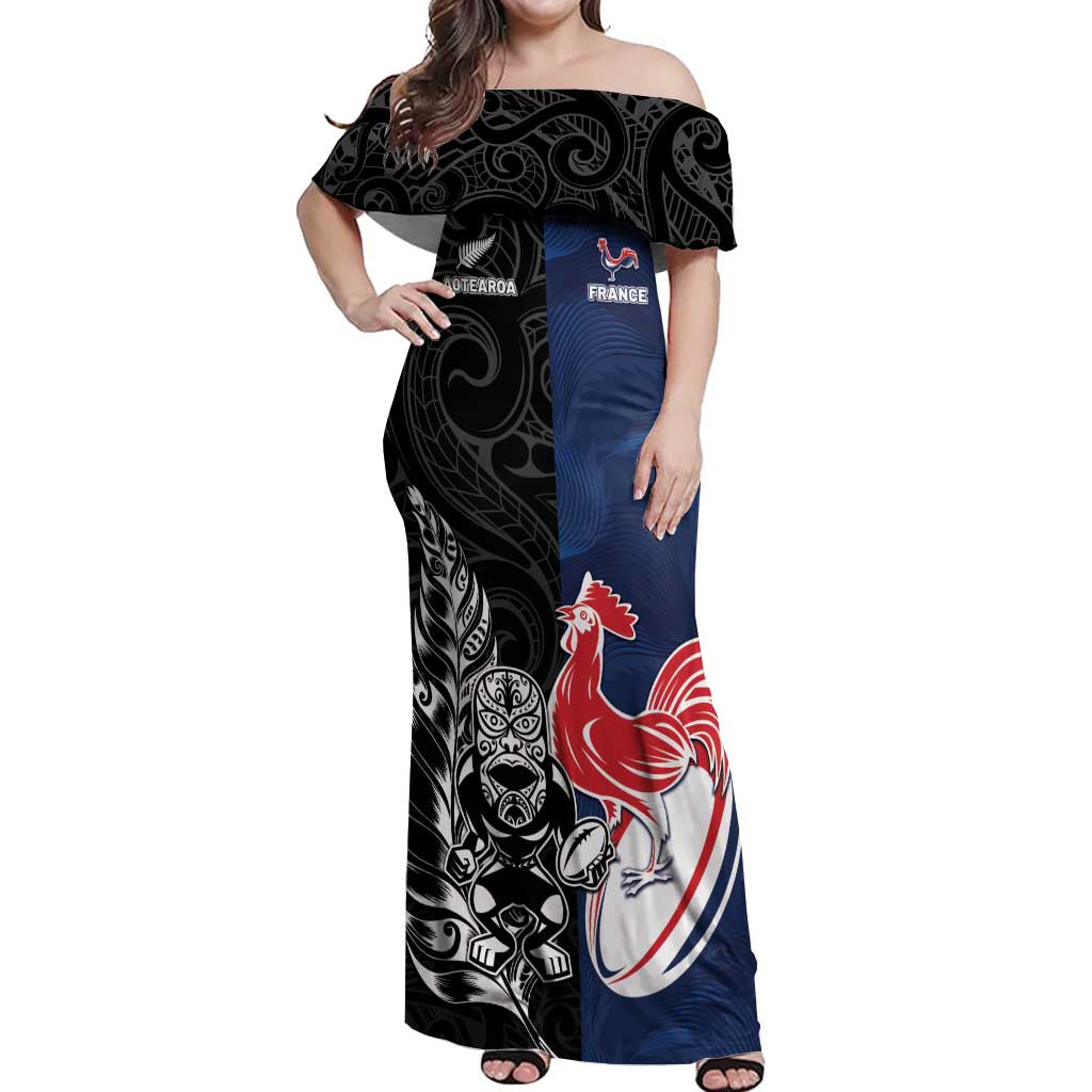 France And New Zealand Rugby Custom Off Shoulder Maxi Dress Les Bleus Rooster With Maori Tiki - Aussie Hoodie