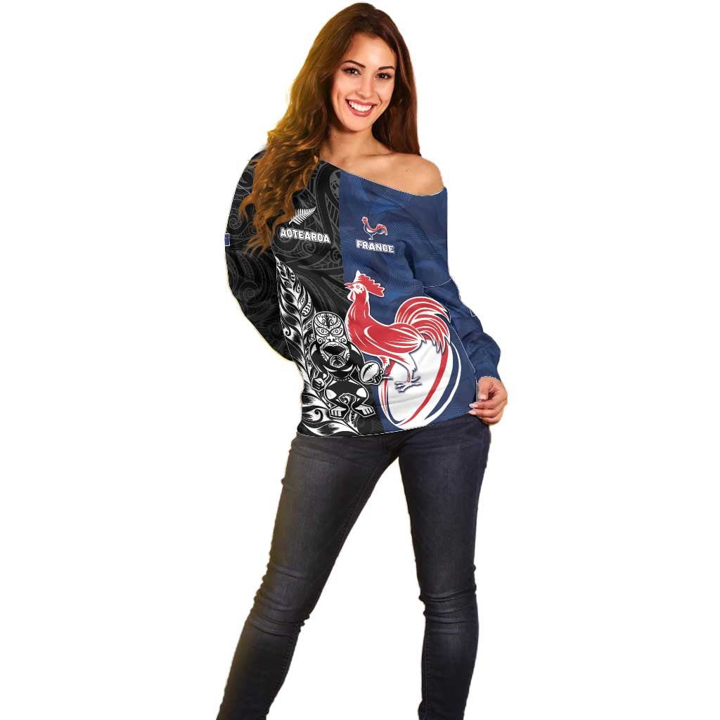 France And New Zealand Rugby Custom Off Shoulder Sweater Les Bleus Rooster With Maori Tiki - Aussie Hoodie