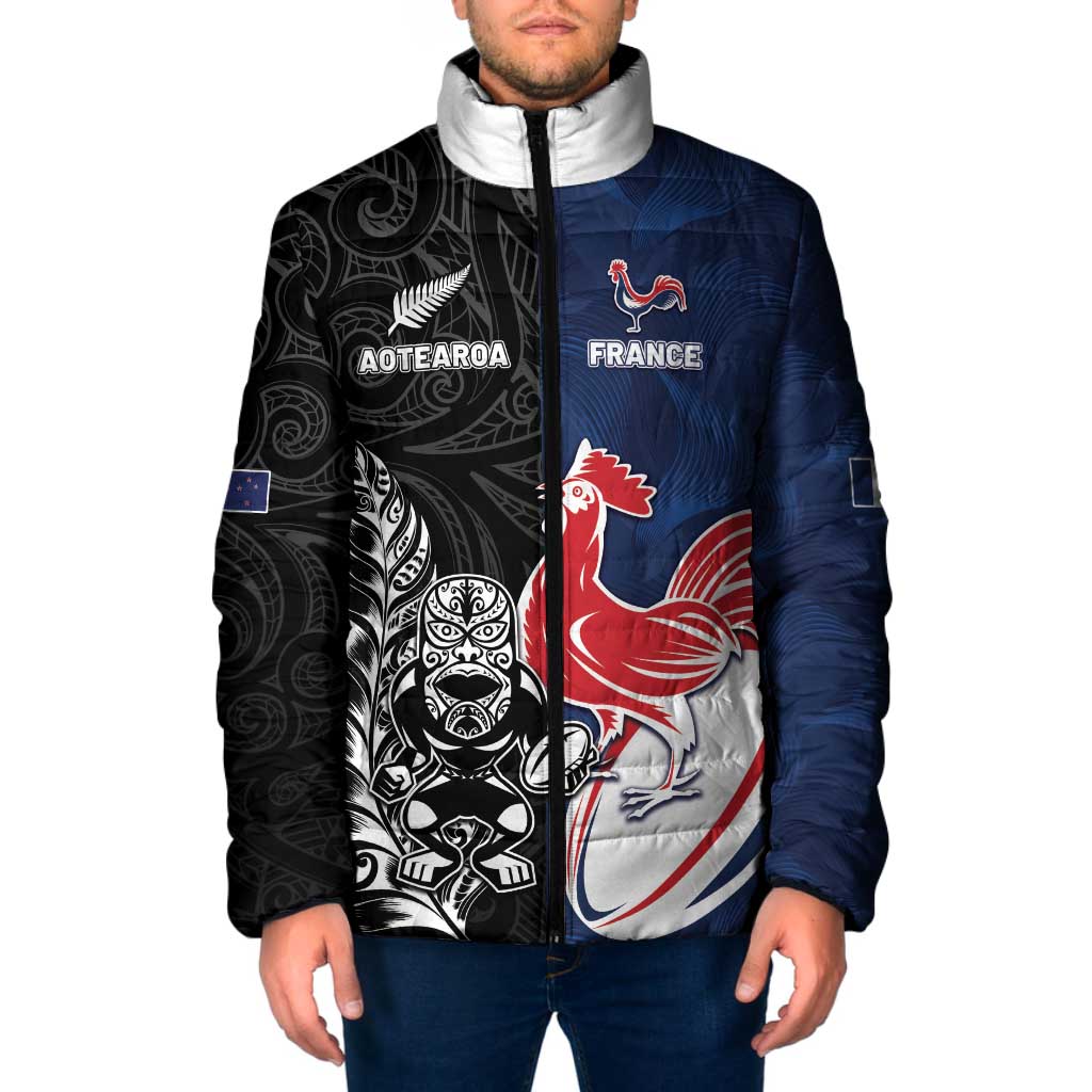 France And New Zealand Rugby Custom Padded Jacket Les Bleus Rooster With Maori Tiki - Aussie Hoodie