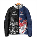 France And New Zealand Rugby Custom Padded Jacket Les Bleus Rooster With Maori Tiki - Aussie Hoodie