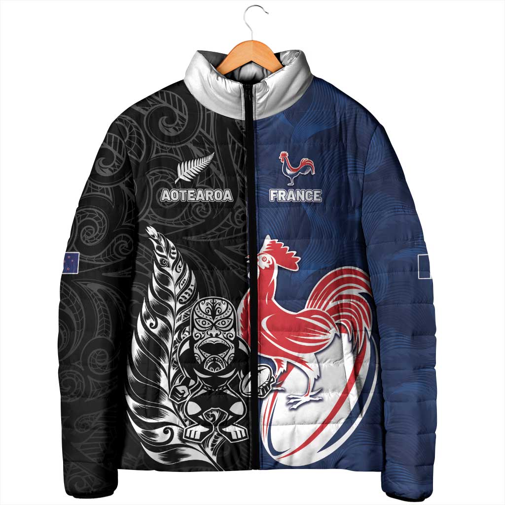 France And New Zealand Rugby Custom Padded Jacket Les Bleus Rooster With Maori Tiki - Aussie Hoodie