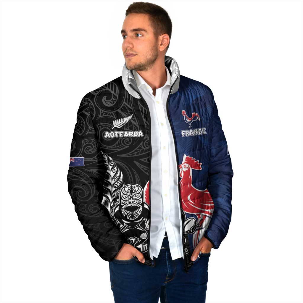France And New Zealand Rugby Custom Padded Jacket Les Bleus Rooster With Maori Tiki - Aussie Hoodie