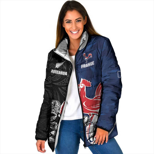France And New Zealand Rugby Custom Padded Jacket Les Bleus Rooster With Maori Tiki - Aussie Hoodie
