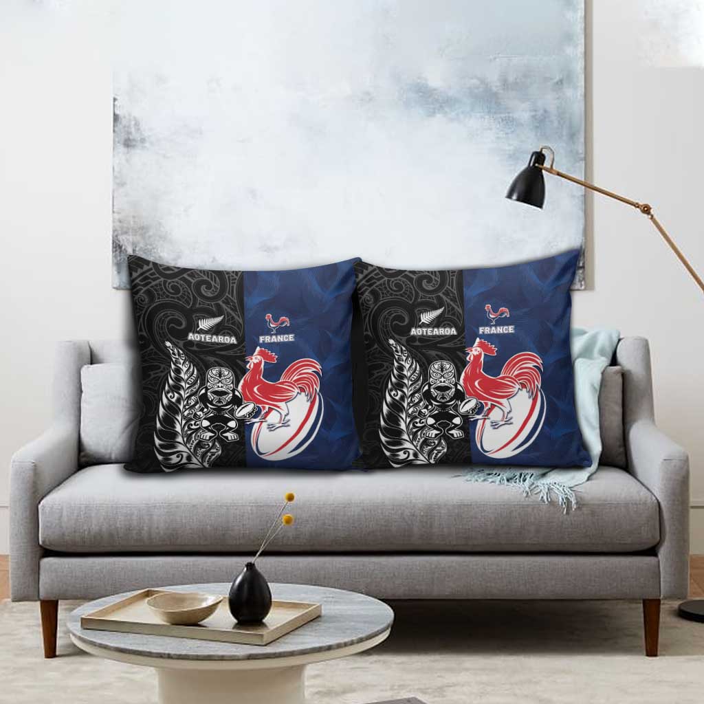 France And New Zealand Rugby Pillow Cover Les Bleus Rooster With Maori Tiki - Aussie Hoodie