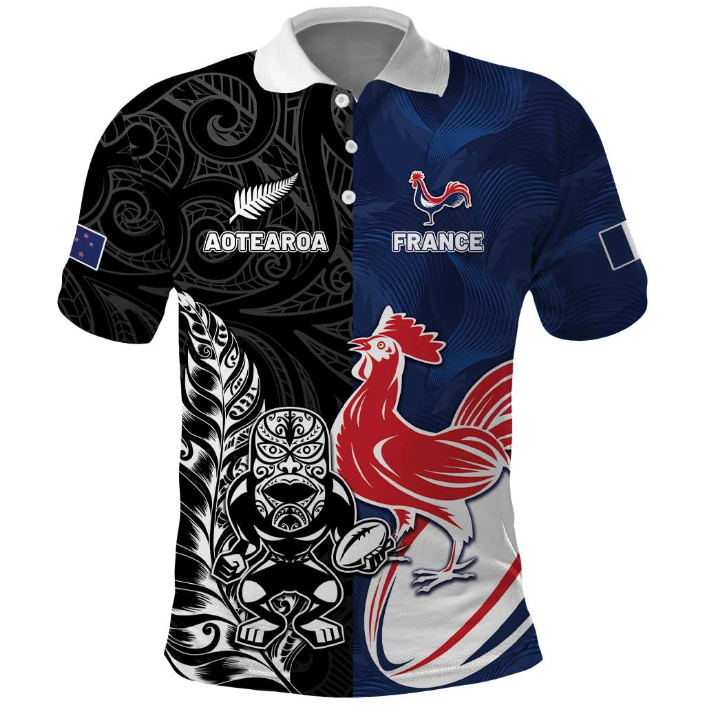 France And New Zealand Rugby Custom Polo Shirt Les Bleus Rooster With Maori Tiki - Aussie Hoodie