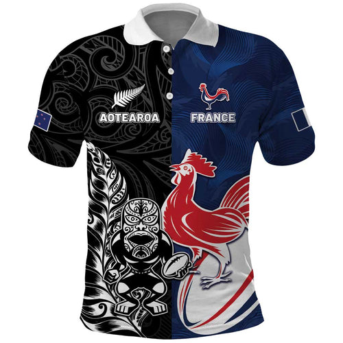 France And New Zealand Rugby Custom Polo Shirt Les Bleus Rooster With Maori Tiki - Aussie Hoodie