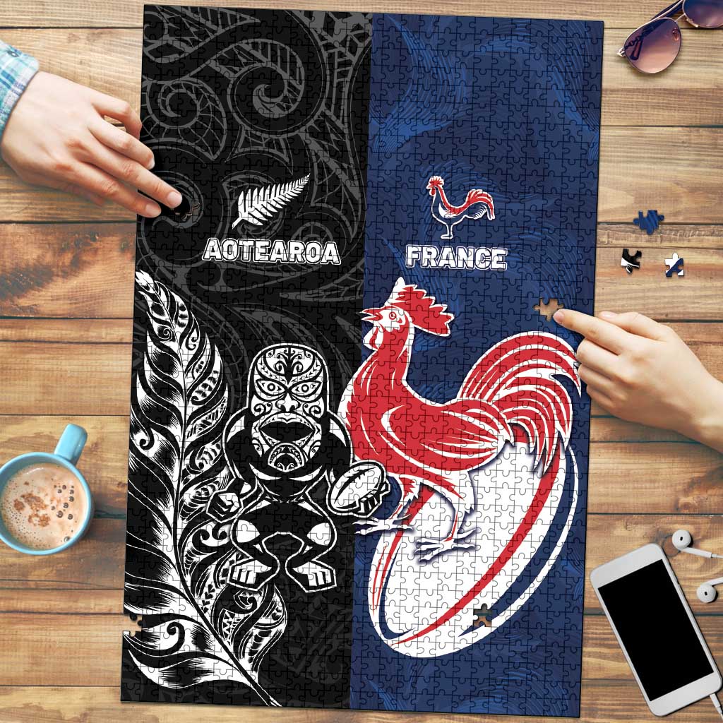 France And New Zealand Rugby Puzzle Les Bleus Rooster With Maori Tiki - Aussie Hoodie