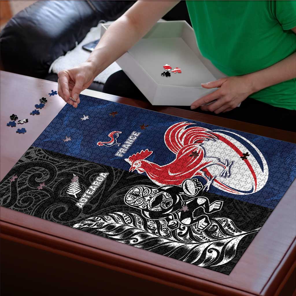 France And New Zealand Rugby Puzzle Les Bleus Rooster With Maori Tiki - Aussie Hoodie