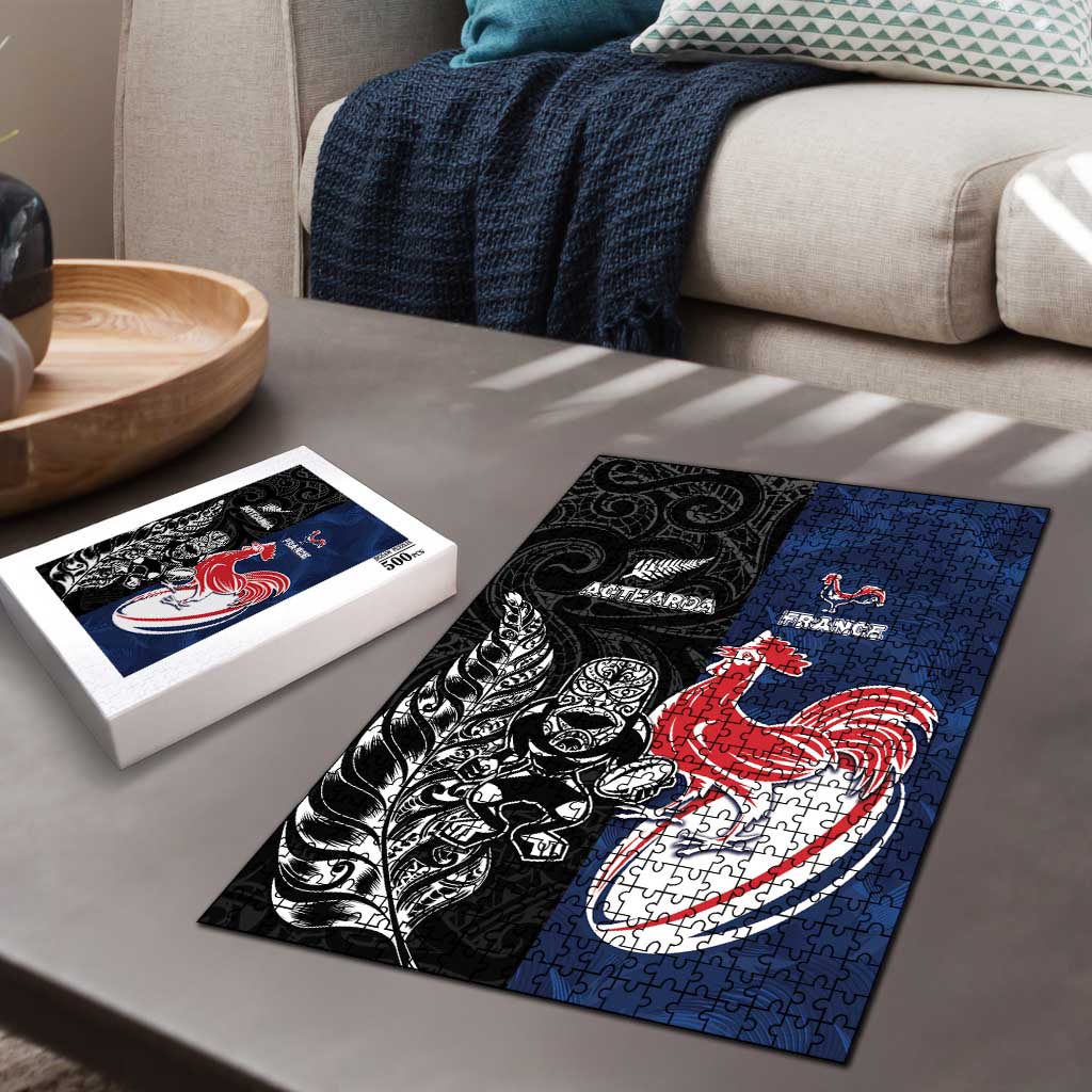 France And New Zealand Rugby Puzzle Les Bleus Rooster With Maori Tiki - Aussie Hoodie