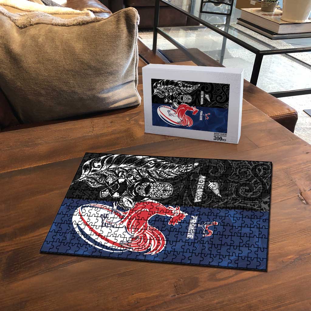 France And New Zealand Rugby Puzzle Les Bleus Rooster With Maori Tiki - Aussie Hoodie