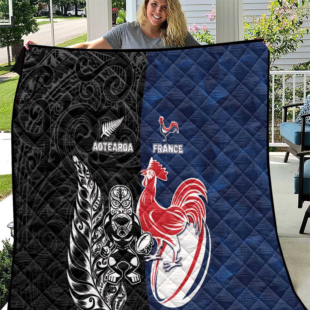 France And New Zealand Rugby Quilt Les Bleus Rooster With Maori Tiki - Aussie Hoodie