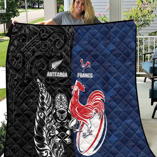 France And New Zealand Rugby Quilt Les Bleus Rooster With Maori Tiki - Aussie Hoodie