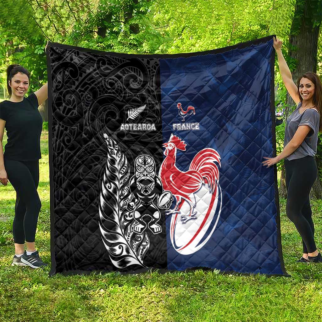 France And New Zealand Rugby Quilt Les Bleus Rooster With Maori Tiki - Aussie Hoodie