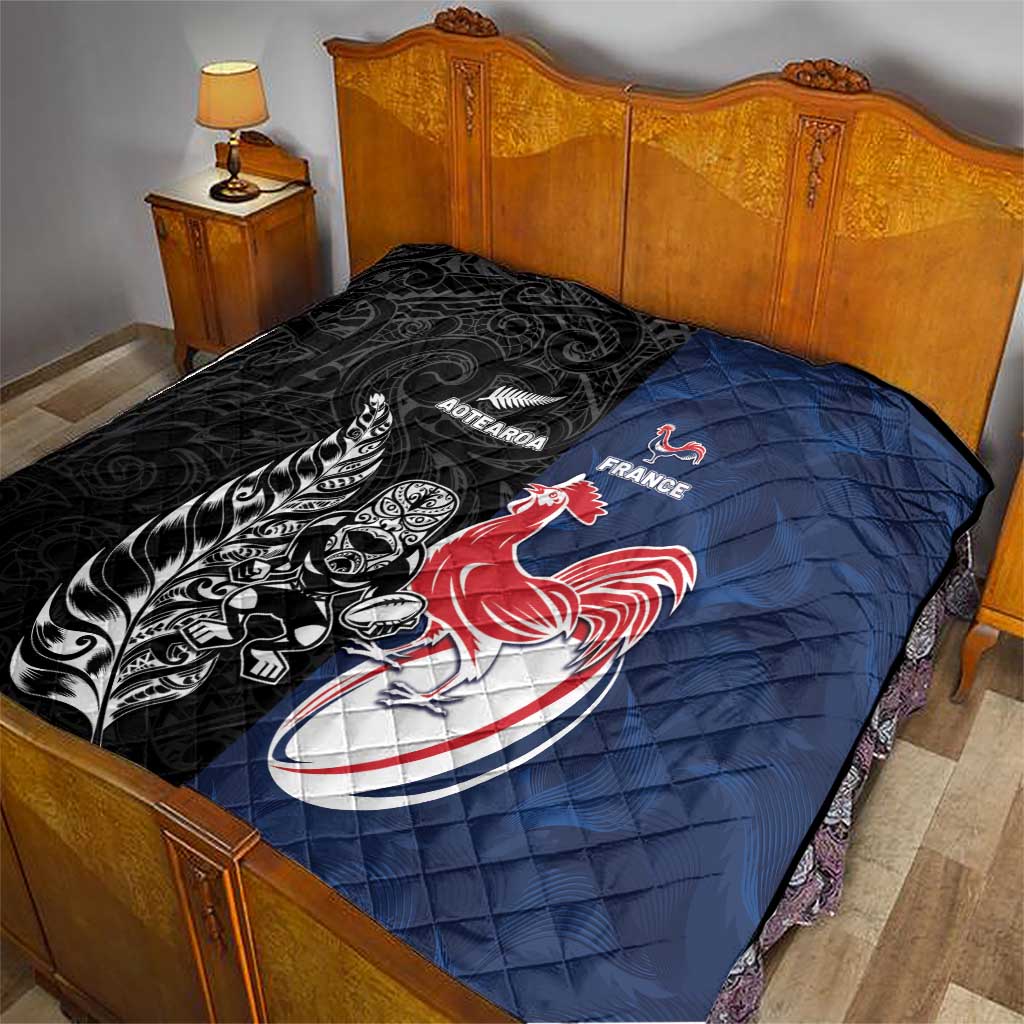 France And New Zealand Rugby Quilt Les Bleus Rooster With Maori Tiki - Aussie Hoodie
