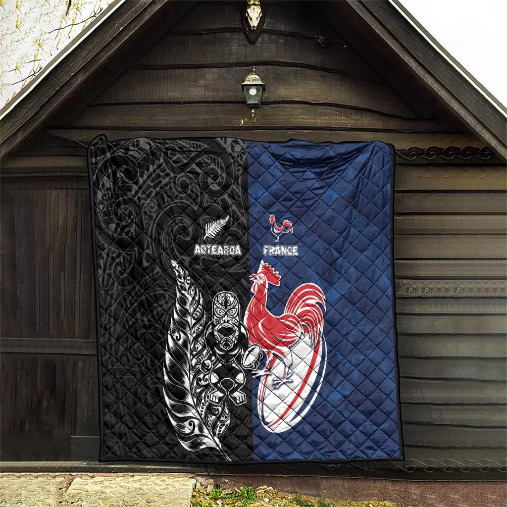 France And New Zealand Rugby Quilt Les Bleus Rooster With Maori Tiki - Aussie Hoodie