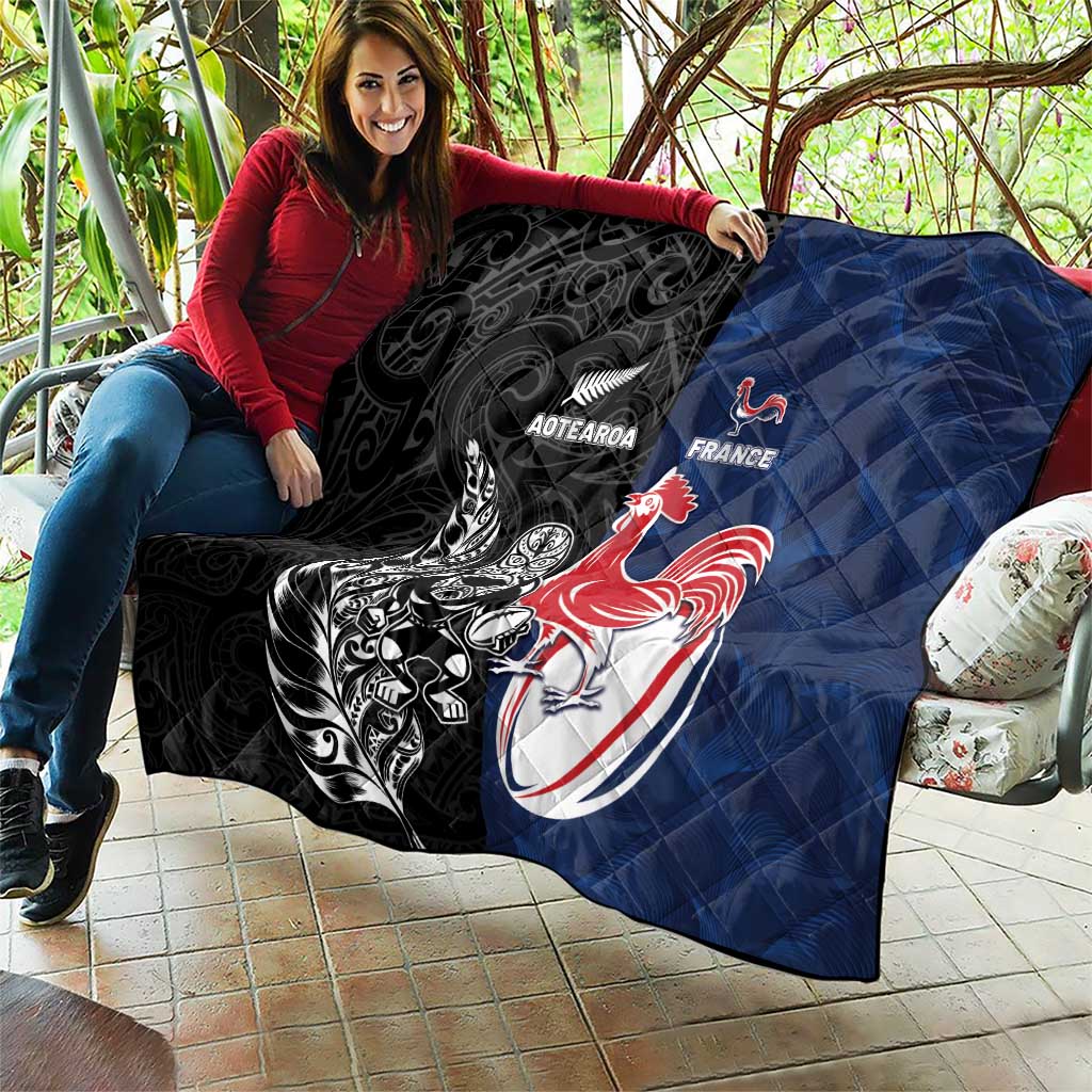 France And New Zealand Rugby Quilt Les Bleus Rooster With Maori Tiki - Aussie Hoodie