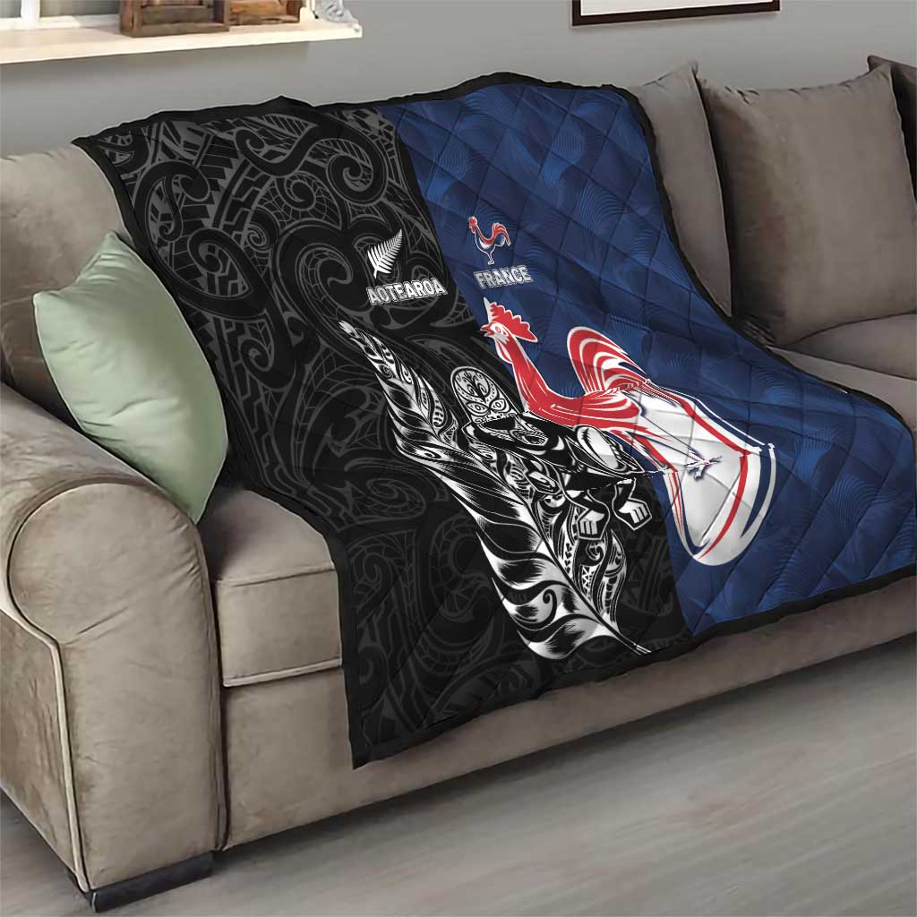 France And New Zealand Rugby Quilt Les Bleus Rooster With Maori Tiki - Aussie Hoodie