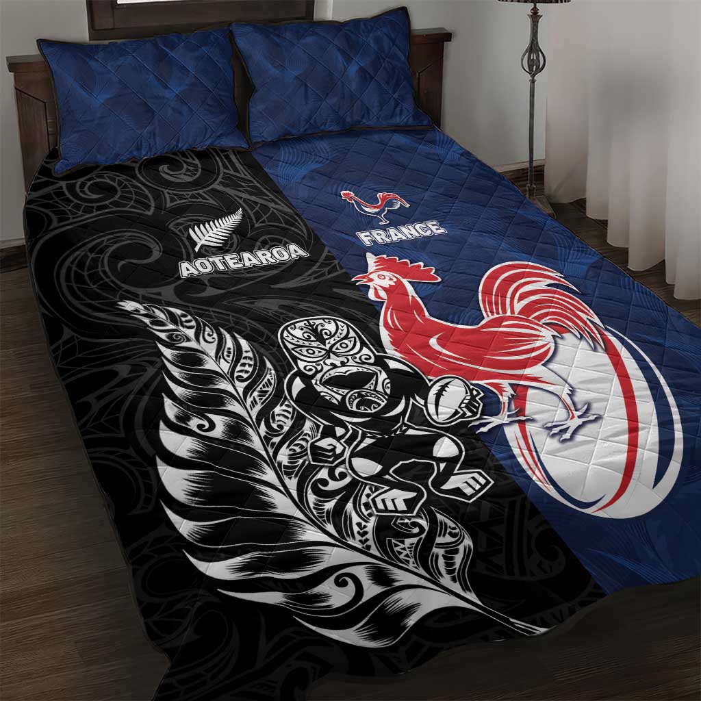 France And New Zealand Rugby Quilt Bed Set Les Bleus Rooster With Maori Tiki - Aussie Hoodie