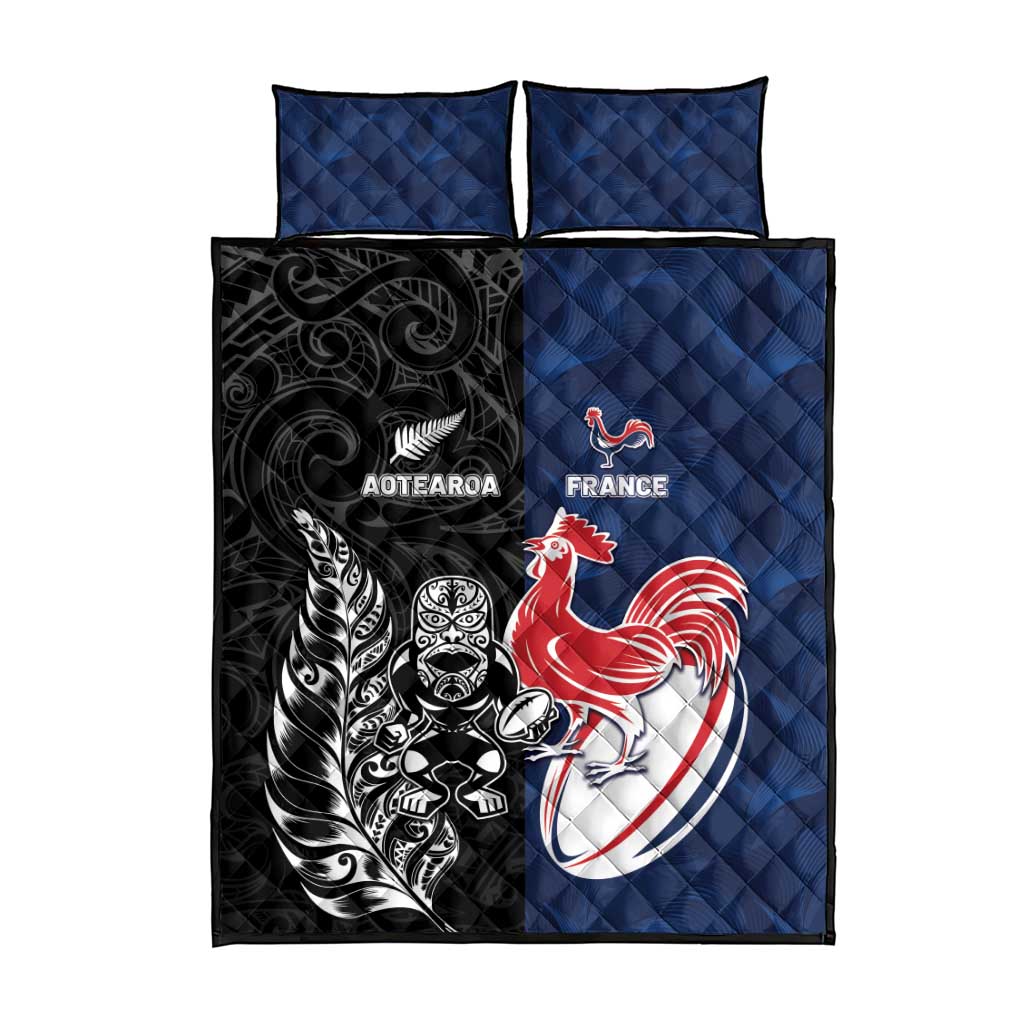 France And New Zealand Rugby Quilt Bed Set Les Bleus Rooster With Maori Tiki - Aussie Hoodie