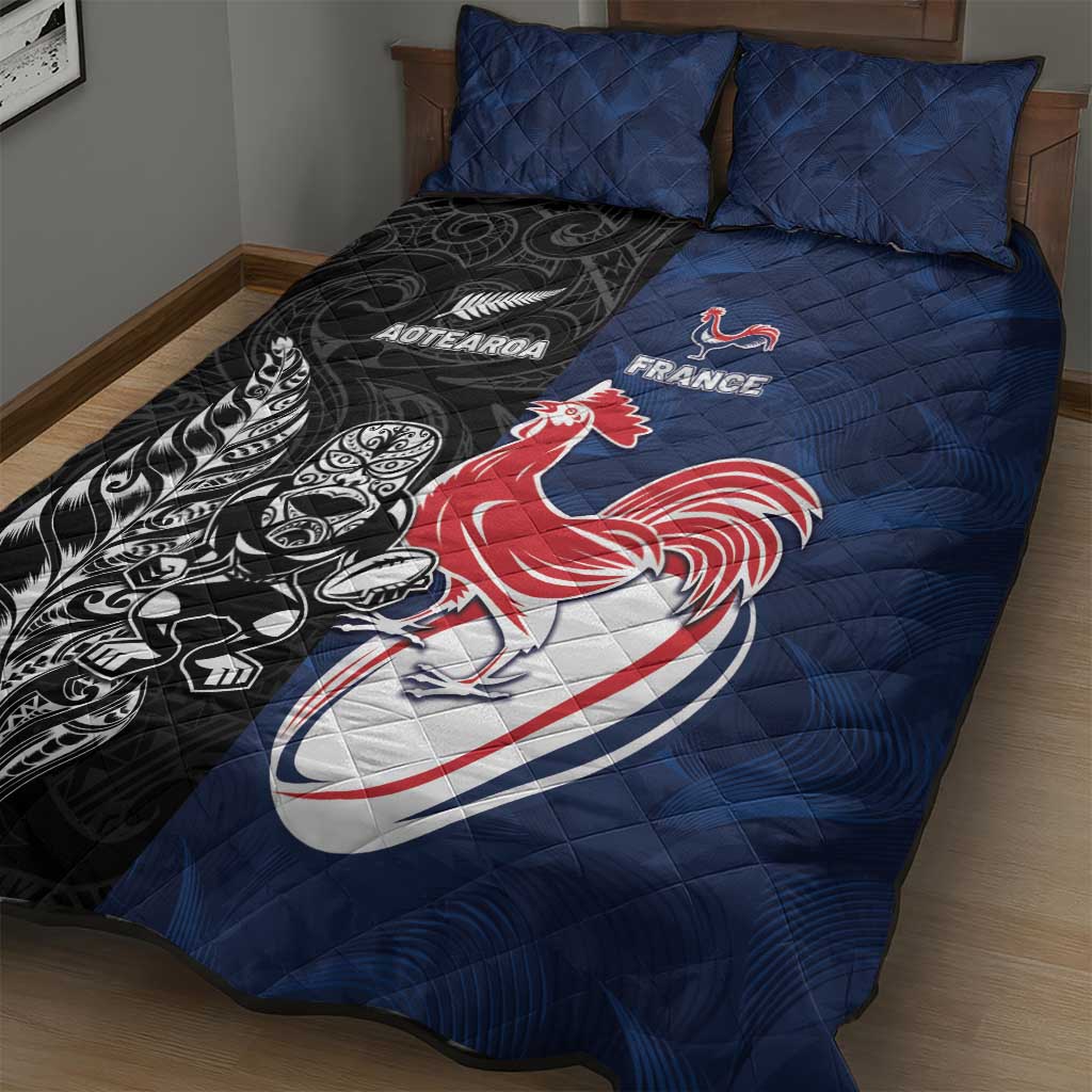 France And New Zealand Rugby Quilt Bed Set Les Bleus Rooster With Maori Tiki - Aussie Hoodie