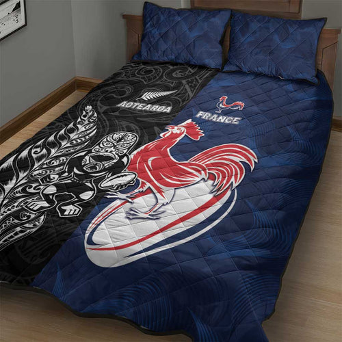 France And New Zealand Rugby Quilt Bed Set Les Bleus Rooster With Maori Tiki - Aussie Hoodie