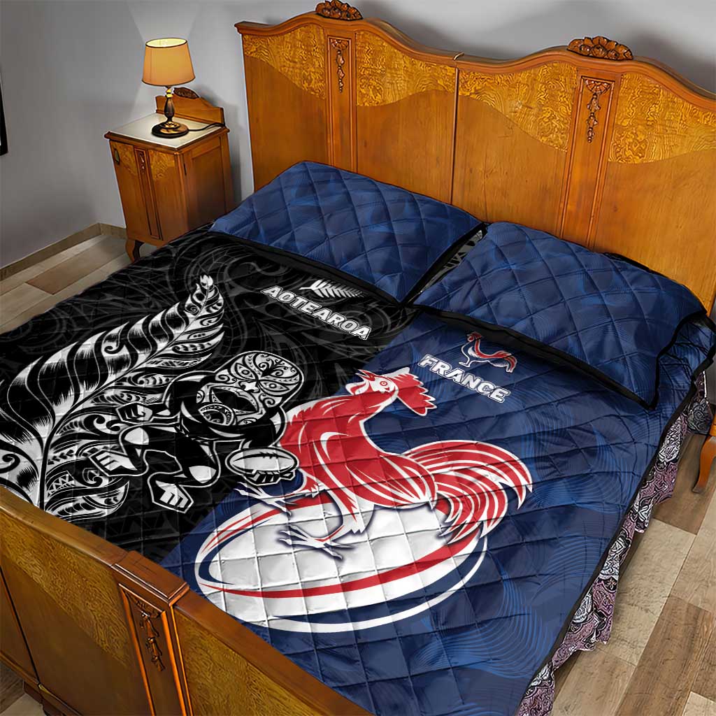 France And New Zealand Rugby Quilt Bed Set Les Bleus Rooster With Maori Tiki - Aussie Hoodie