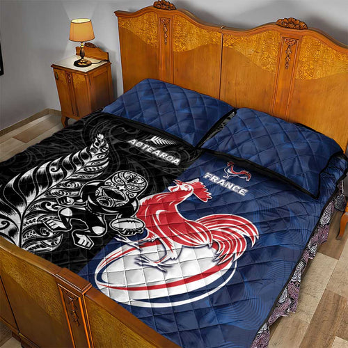 France And New Zealand Rugby Quilt Bed Set Les Bleus Rooster With Maori Tiki - Aussie Hoodie