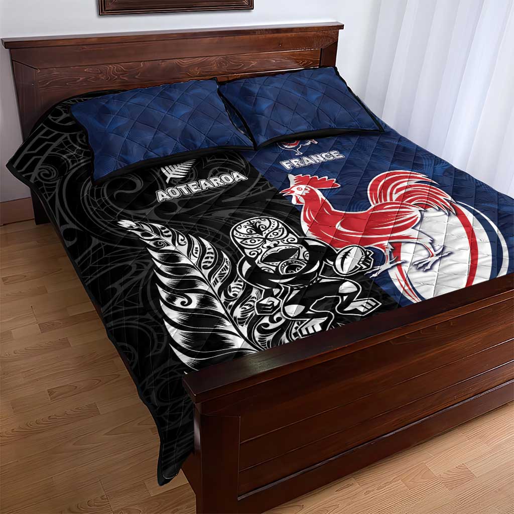 France And New Zealand Rugby Quilt Bed Set Les Bleus Rooster With Maori Tiki - Aussie Hoodie
