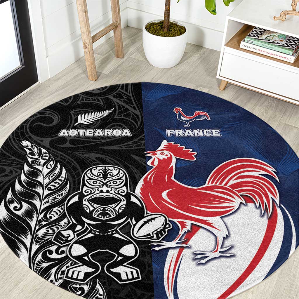 France And New Zealand Rugby Round Carpet Les Bleus Rooster With Maori Tiki - Aussie Hoodie