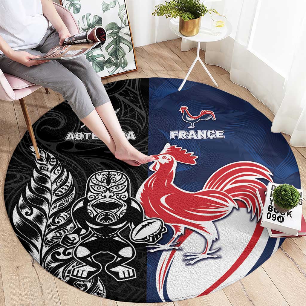 France And New Zealand Rugby Round Carpet Les Bleus Rooster With Maori Tiki - Aussie Hoodie