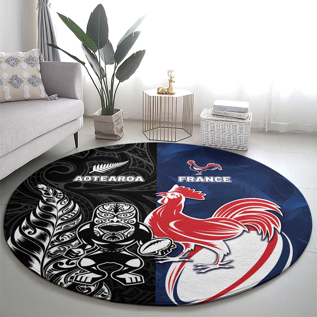 France And New Zealand Rugby Round Carpet Les Bleus Rooster With Maori Tiki - Aussie Hoodie