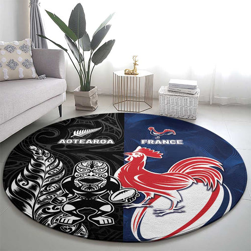 France And New Zealand Rugby Round Carpet Les Bleus Rooster With Maori Tiki - Aussie Hoodie