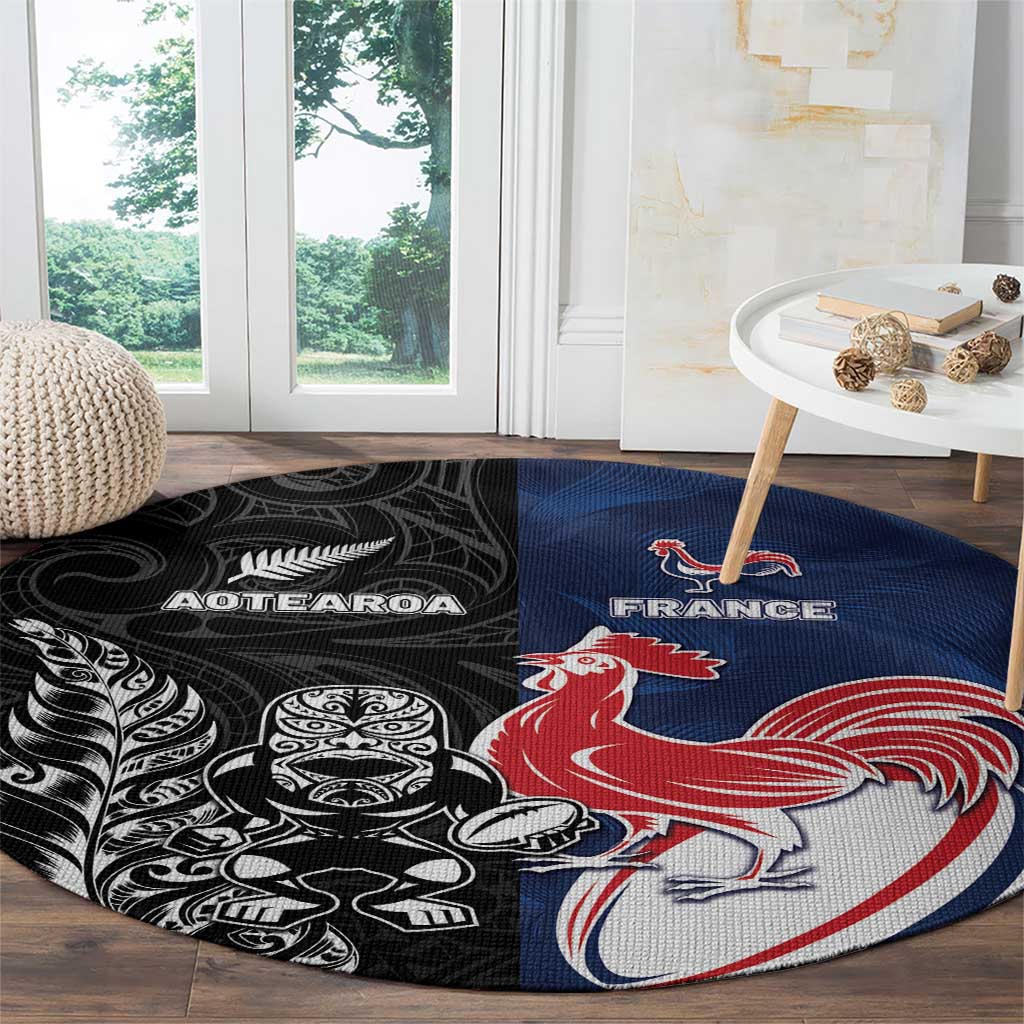 France And New Zealand Rugby Round Carpet Les Bleus Rooster With Maori Tiki - Aussie Hoodie