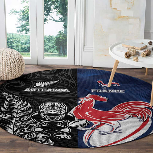 France And New Zealand Rugby Round Carpet Les Bleus Rooster With Maori Tiki - Aussie Hoodie