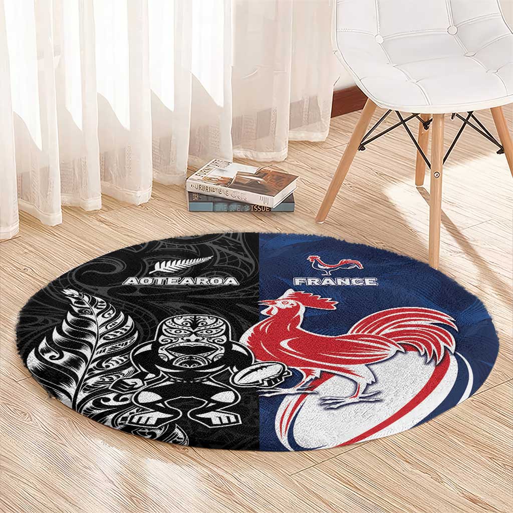 France And New Zealand Rugby Round Carpet Les Bleus Rooster With Maori Tiki - Aussie Hoodie