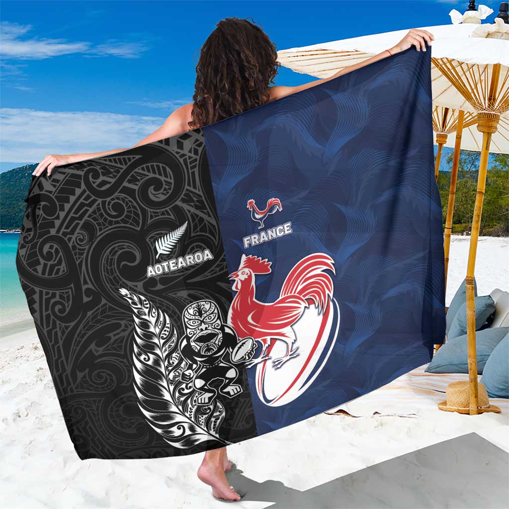 France And New Zealand Rugby Sarong Les Bleus Rooster With Maori Tiki - Aussie Hoodie