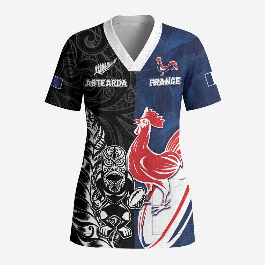 France And New Zealand Rugby Custom Scrub Top Les Bleus Rooster With Maori Tiki - Aussie Hoodie