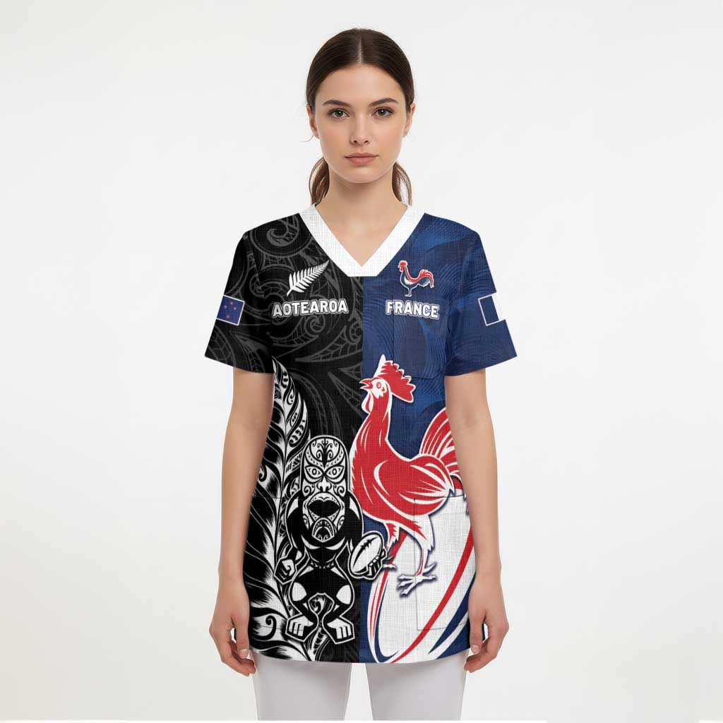 France And New Zealand Rugby Custom Scrub Top Les Bleus Rooster With Maori Tiki - Aussie Hoodie
