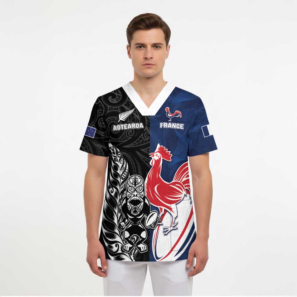 France And New Zealand Rugby Custom Scrub Top Les Bleus Rooster With Maori Tiki - Aussie Hoodie