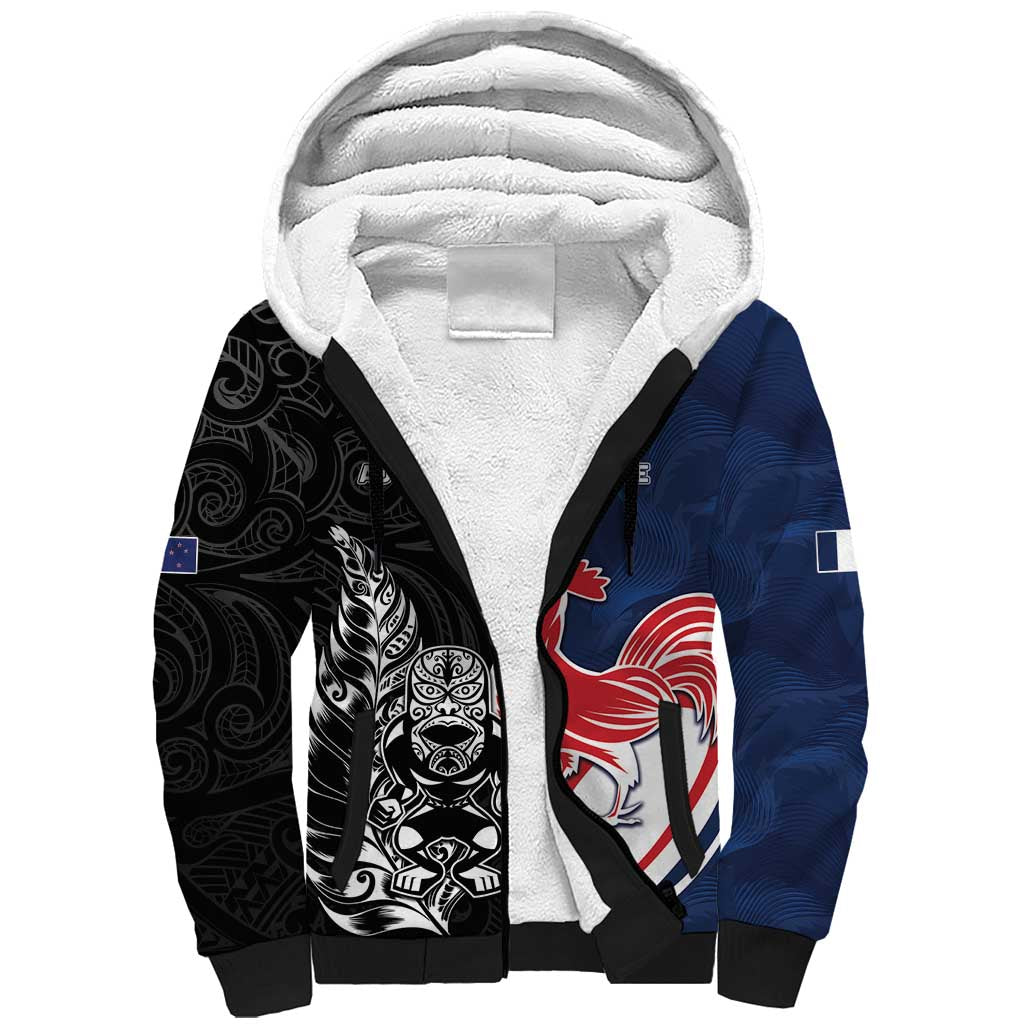 France And New Zealand Rugby Custom Sherpa Hoodie Les Bleus Rooster With Maori Tiki - Aussie Hoodie