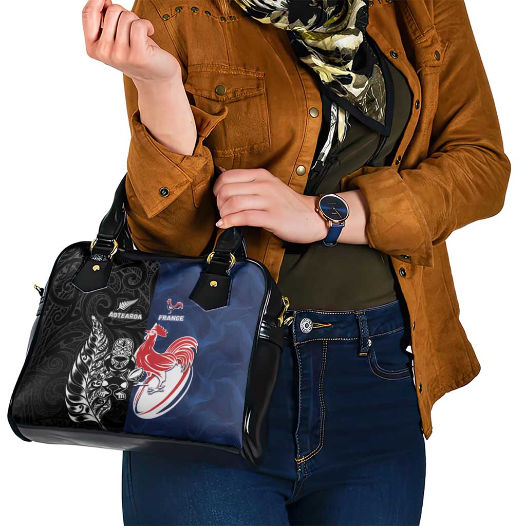 France And New Zealand Rugby Shoulder Handbag Les Bleus Rooster With Maori Tiki - Aussie Hoodie