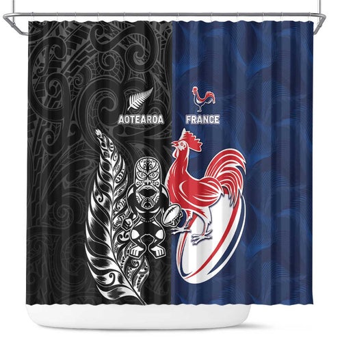 France And New Zealand Rugby Shower Curtain Les Bleus Rooster With Maori Tiki - Aussie Hoodie