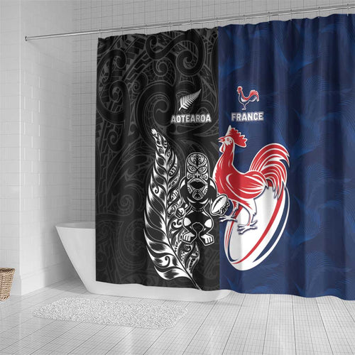 France And New Zealand Rugby Shower Curtain Les Bleus Rooster With Maori Tiki - Aussie Hoodie