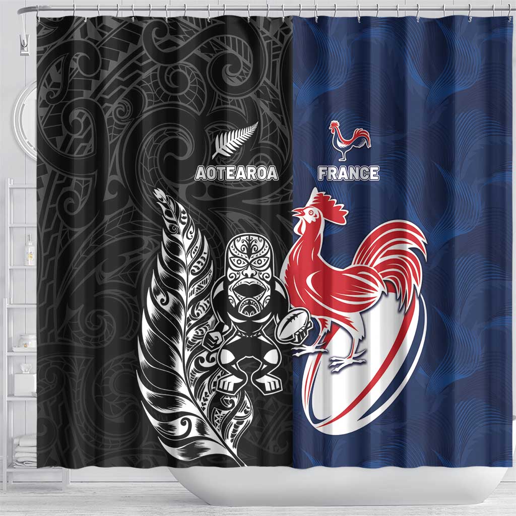 France And New Zealand Rugby Shower Curtain Les Bleus Rooster With Maori Tiki - Aussie Hoodie