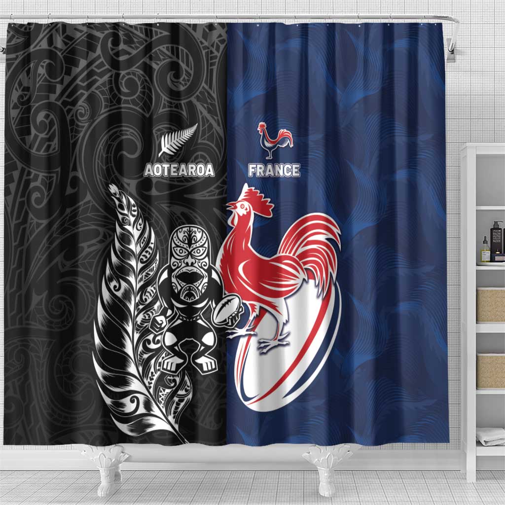 France And New Zealand Rugby Shower Curtain Les Bleus Rooster With Maori Tiki - Aussie Hoodie