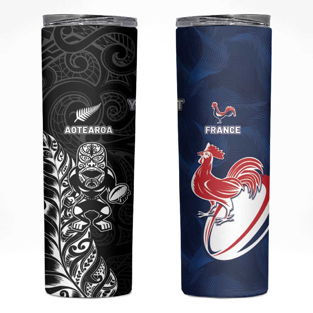 France And New Zealand Rugby Custom Skinny Tumbler Les Bleus Rooster With Maori Tiki - Aussie Hoodie
